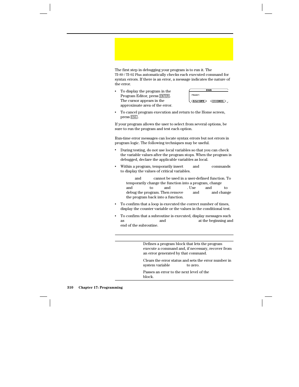Debugging programs and handling errors, Run-time errors, Debugging techniques | Error-handling commands | Texas Instruments PLUS TI-89 User Manual | Page 327 / 623
