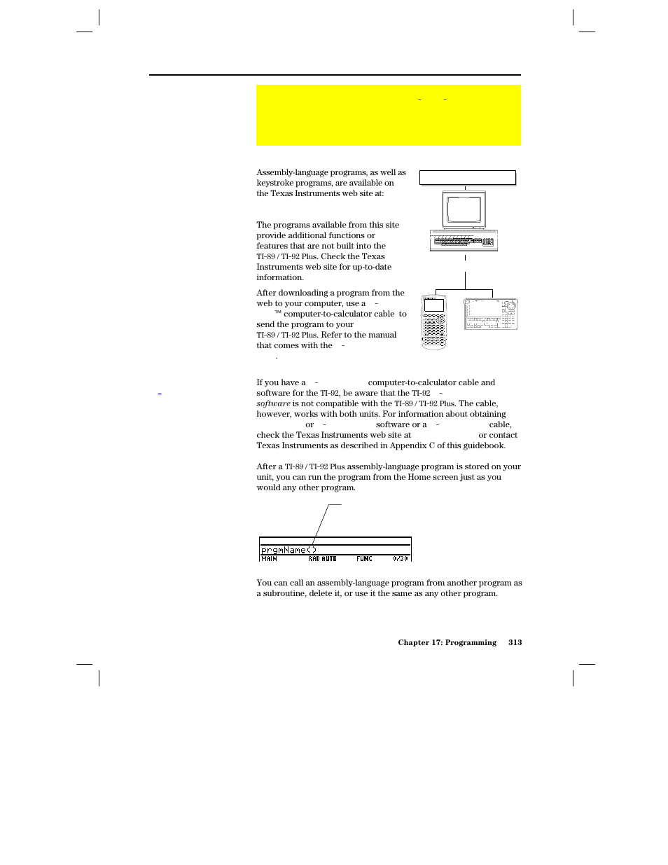 Assembly-language programs, Where to get assembly- language programs, Note about ti-graph link | Running an assembly- language program | Texas Instruments PLUS TI-89 User Manual | Page 330 / 623