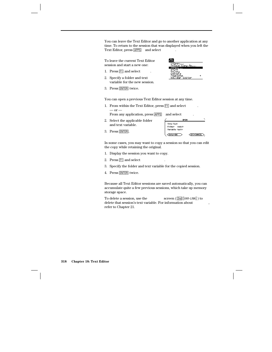 Resuming the current session, Starting a new session from the text editor, Opening a previous session | Copying a session, Note about deleting a session | Texas Instruments PLUS TI-89 User Manual | Page 335 / 623