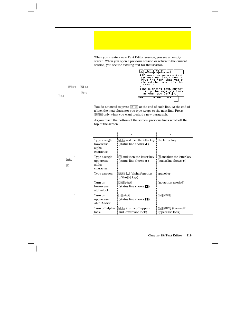 Entering and editing text, Typing text, Typing alphabetic characters | Texas Instruments PLUS TI-89 User Manual | Page 336 / 623