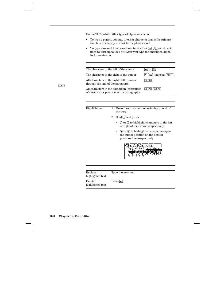 Deleting characters, Highlighting text, Replacing or deleting highlighted text | Texas Instruments PLUS TI-89 User Manual | Page 337 / 623