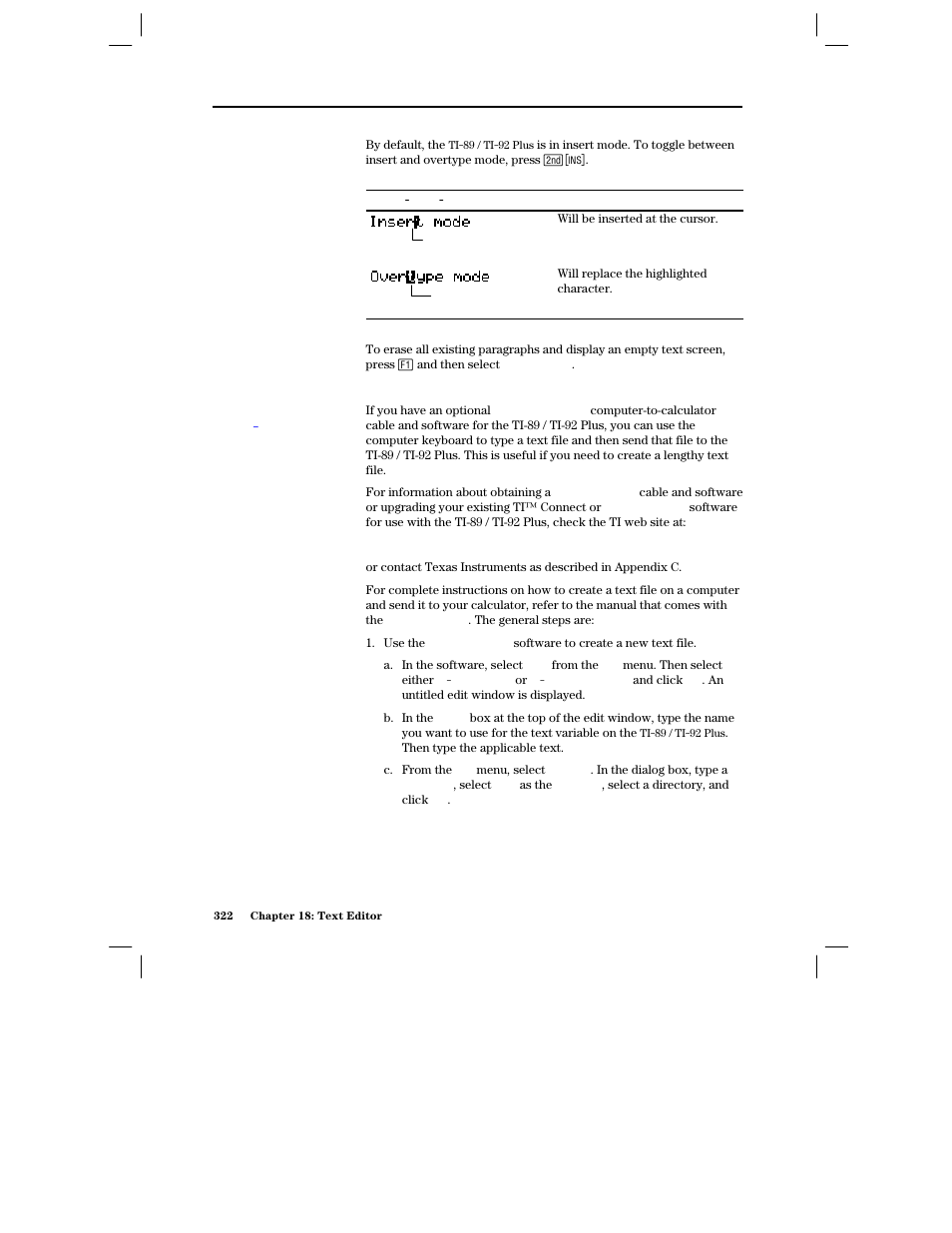 Inserting or overtyping a character, Clearing the text editor, Using a computer and ti-graph link to enter text | Texas Instruments PLUS TI-89 User Manual | Page 339 / 623