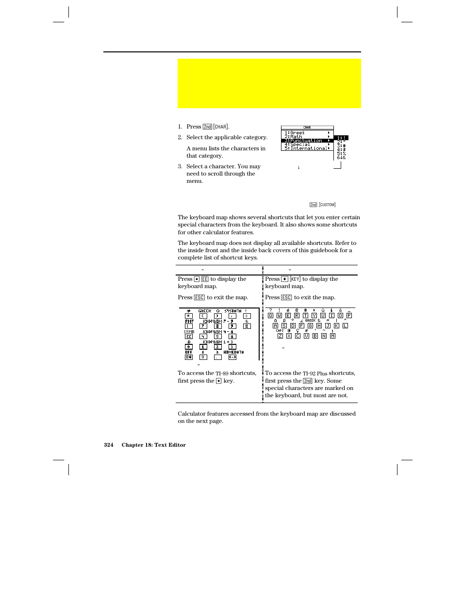 Entering special characters, Selecting characters from the char menu, Displaying the keyboard map | Texas Instruments PLUS TI-89 User Manual | Page 341 / 623