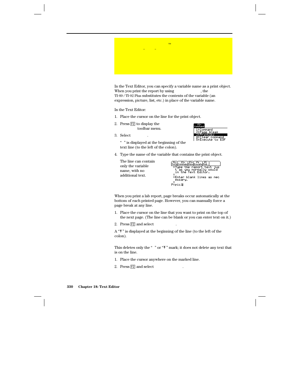 Creating a lab report, Print objects, Inserting a print object mark | Texas Instruments PLUS TI-89 User Manual | Page 347 / 623