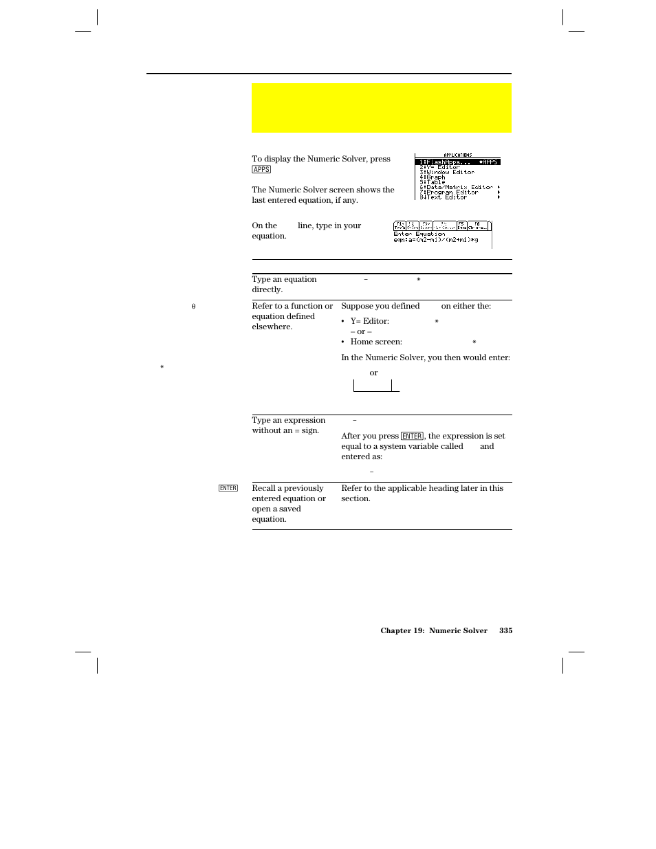 Displaying the solver and entering an equation, Displaying the numeric solver, Entering an equation | Texas Instruments PLUS TI-89 User Manual | Page 352 / 623