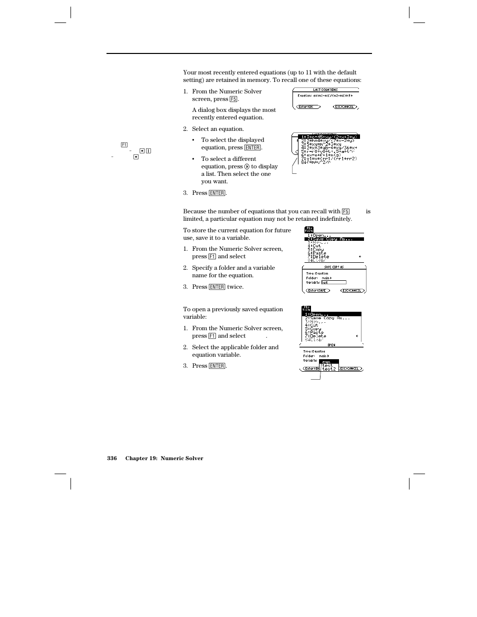 Recalling previously entered equations, Saving equations for future use, Opening a saved equation | Texas Instruments PLUS TI-89 User Manual | Page 353 / 623