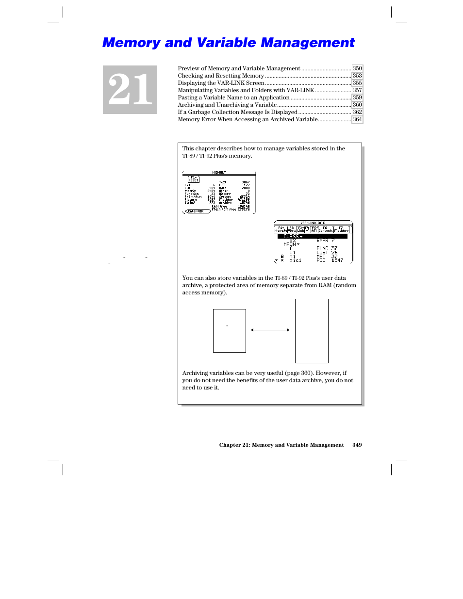 Chapter 21: memory and variable management, Chapter 21 | Texas Instruments PLUS TI-89 User Manual | Page 366 / 623