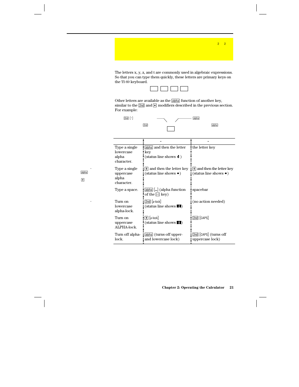 Entering alphabetic characters, Entering a letter character on the ti-89 | Texas Instruments PLUS TI-89 User Manual | Page 38 / 623