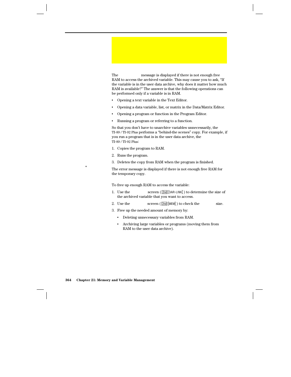 Memory error when accessing an archived variable, What causes the memory error, Correcting the error | Texas Instruments PLUS TI-89 User Manual | Page 381 / 623