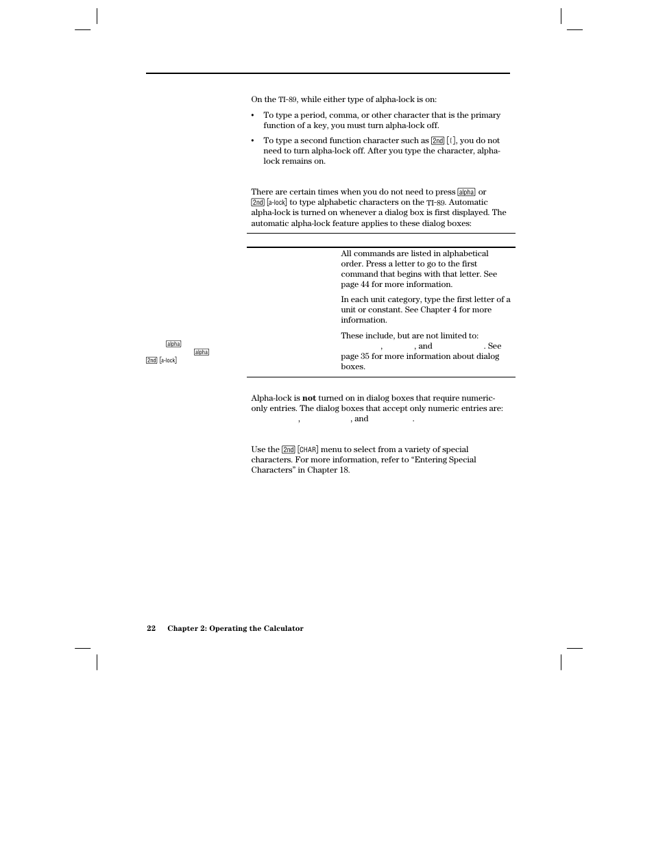 Automatic alpha-lock in ti- 89 dialog boxes, For special characters | Texas Instruments PLUS TI-89 User Manual | Page 39 / 623