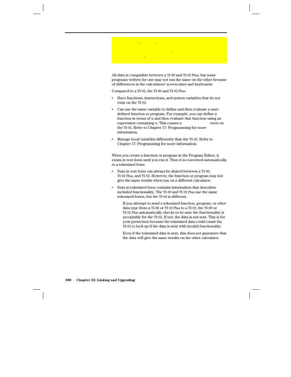 Main types of incompatibilities, Text versus tokenized | Texas Instruments PLUS TI-89 User Manual | Page 397 / 623