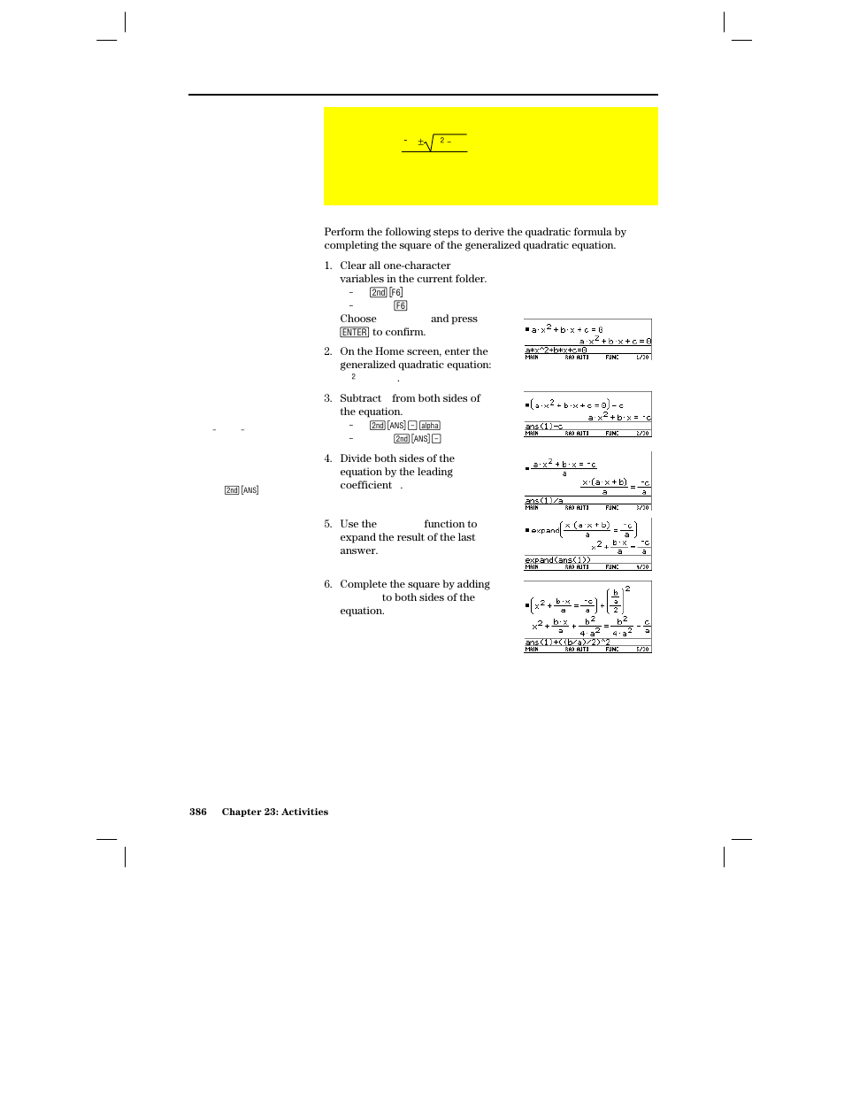 Deriving the quadratic formula | Texas Instruments PLUS TI-89 User Manual | Page 403 / 623