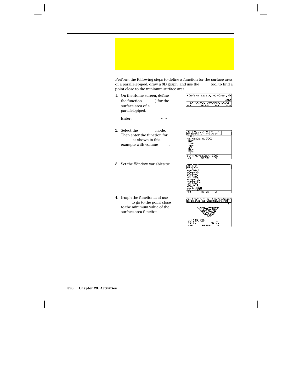 Finding minimum surface area of a parallelepiped | Texas Instruments PLUS TI-89 User Manual | Page 407 / 623