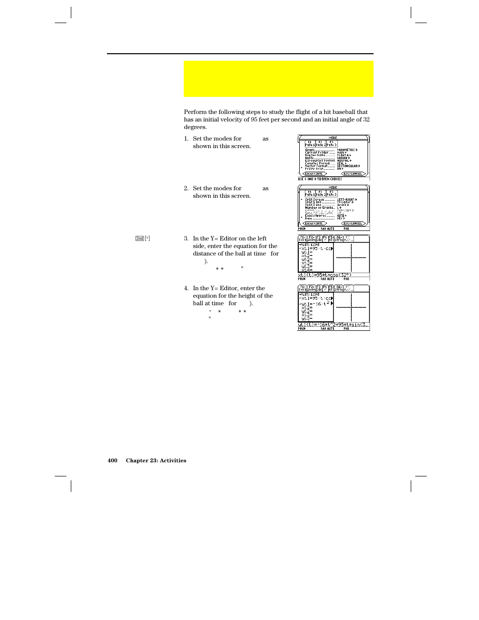 Studying the flight of a hit baseball, Setting up a parametric graph and table | Texas Instruments PLUS TI-89 User Manual | Page 417 / 623