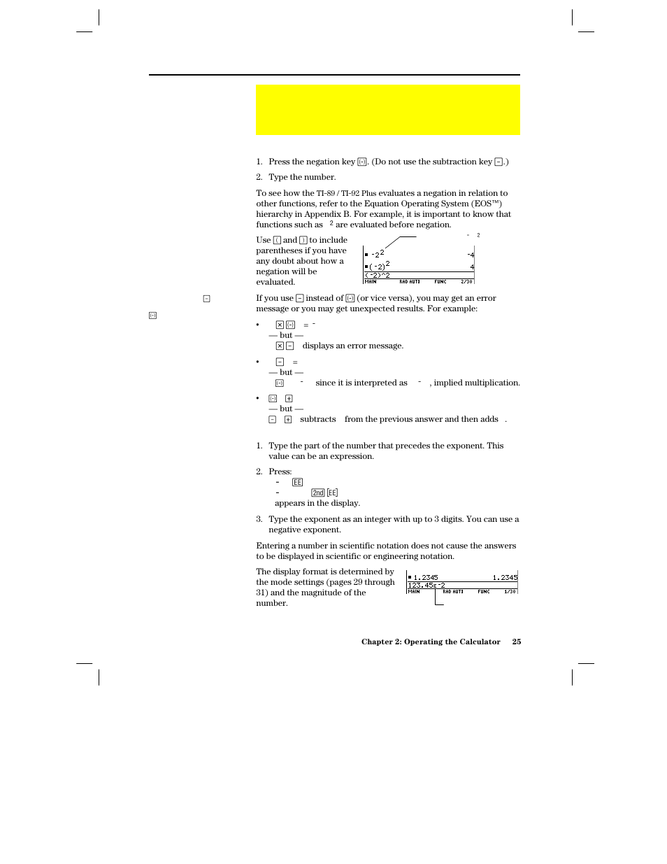 Entering numbers, Entering a negative number, Entering a number in scientific notation | Texas Instruments PLUS TI-89 User Manual | Page 42 / 623