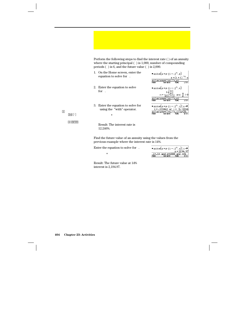 Solving a standard annuity problem, Finding the interest rate of an annuity, Finding the future value of an annuity | Texas Instruments PLUS TI-89 User Manual | Page 421 / 623