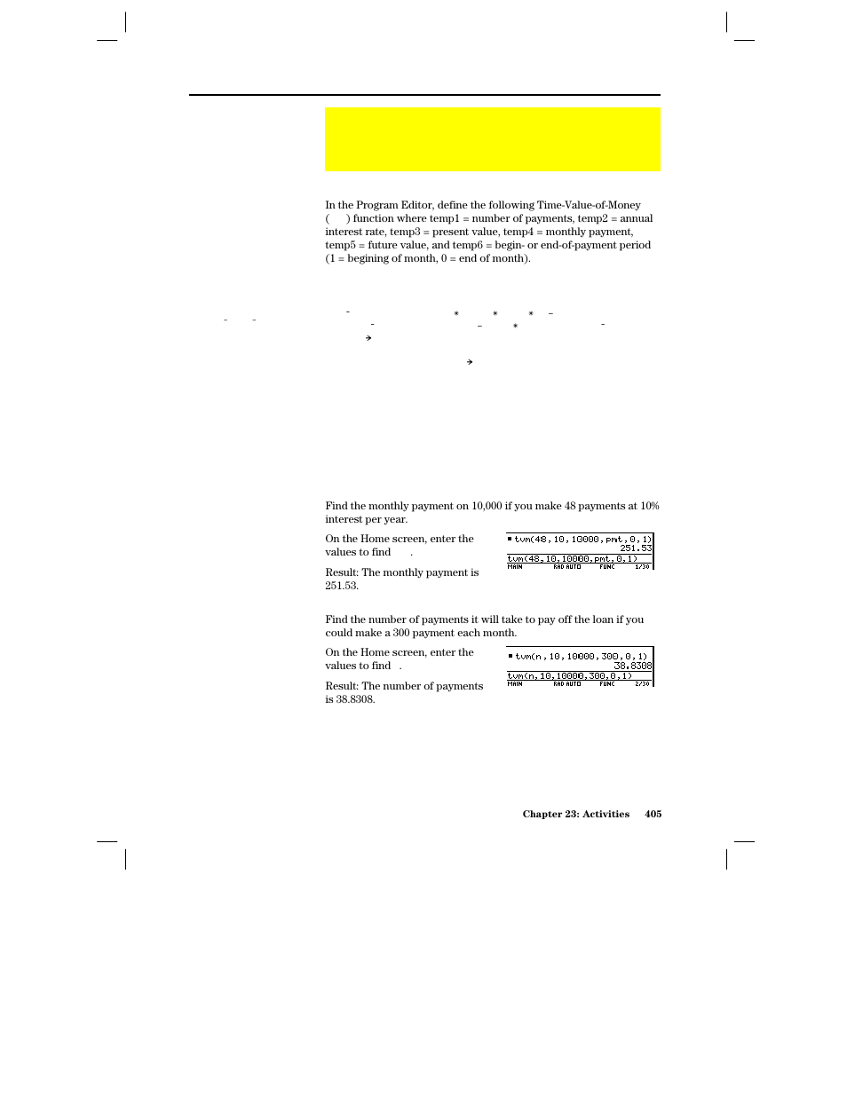 Computing the time-value-of-money, Time-value-of-money function, Finding the monthly payment | Finding the number of payments | Texas Instruments PLUS TI-89 User Manual | Page 422 / 623