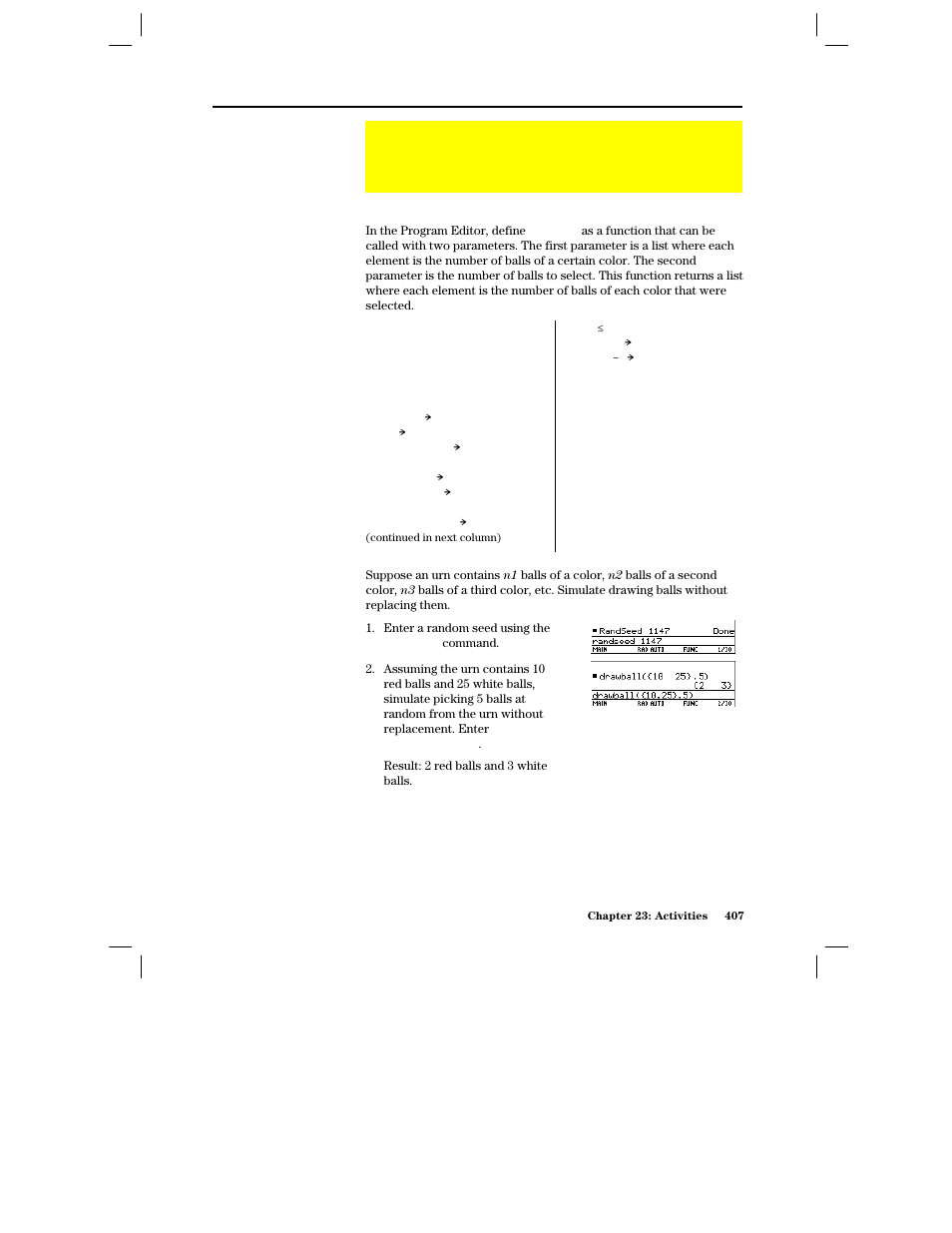 Simulation of sampling without replacement, Sampling-without-replacement function, Sampling without replacement | Texas Instruments PLUS TI-89 User Manual | Page 424 / 623