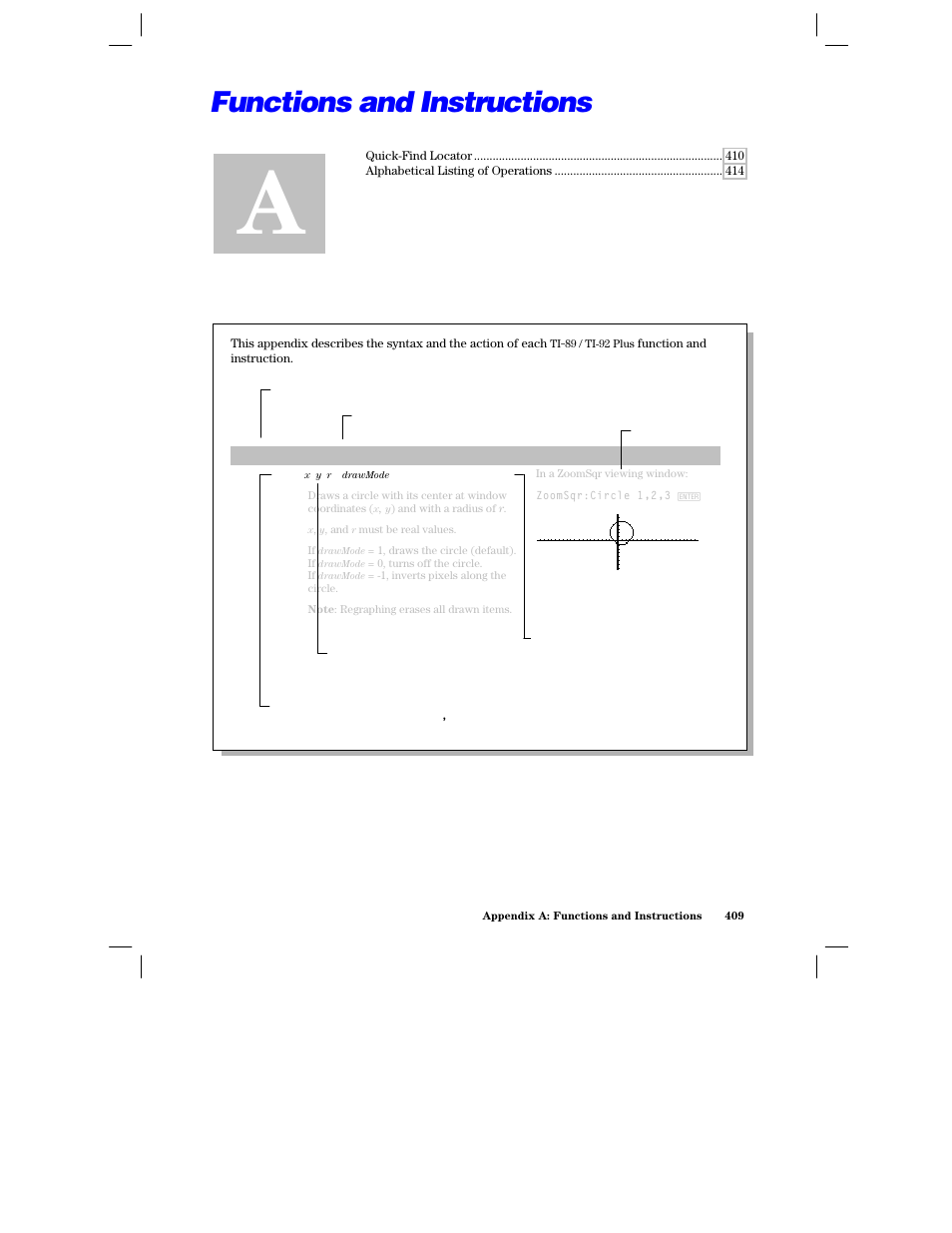 Appendix a: functions and instructions | Texas Instruments PLUS TI-89 User Manual | Page 426 / 623