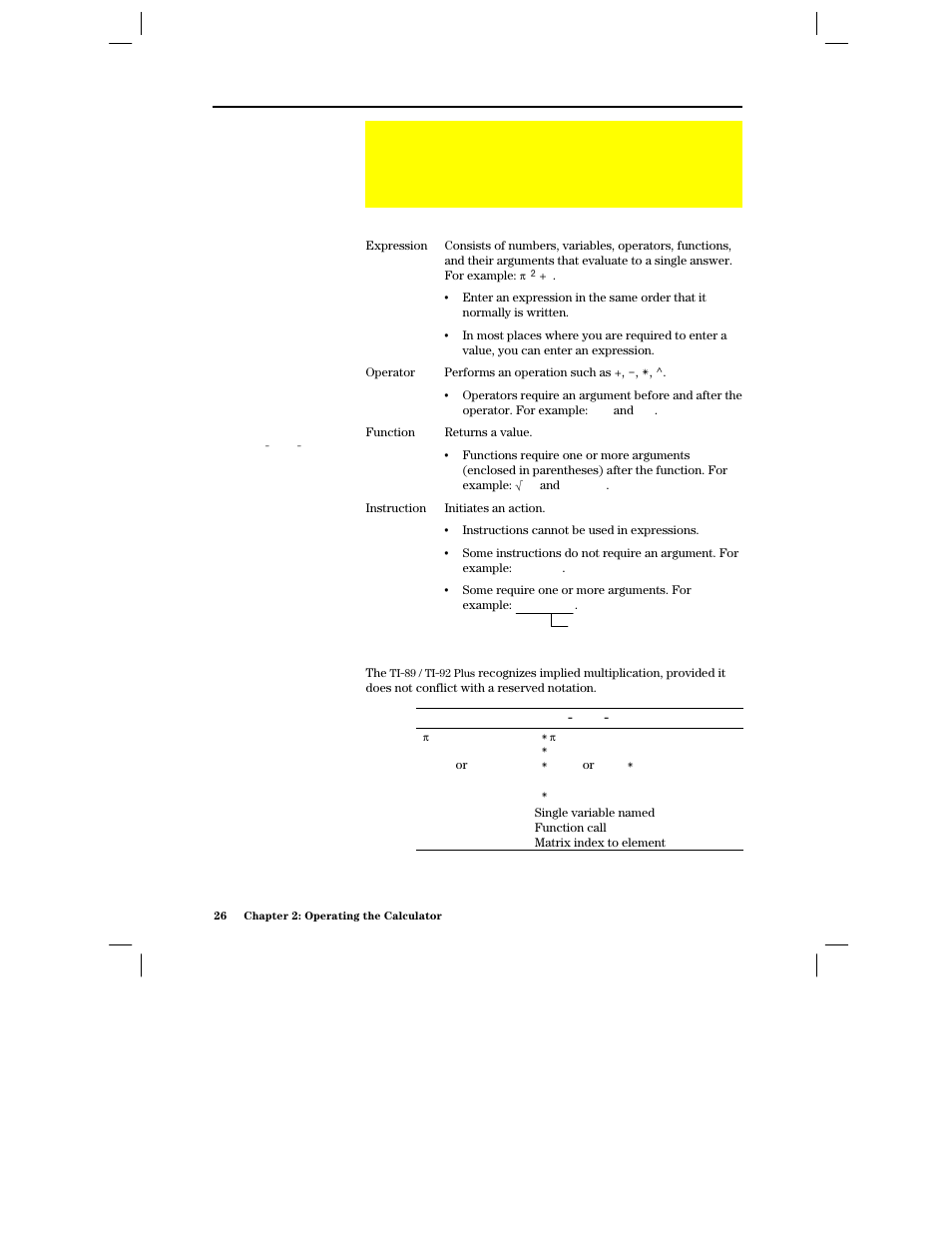 Entering expressions and instructions, Definitions, Implied multiplication | Texas Instruments PLUS TI-89 User Manual | Page 43 / 623