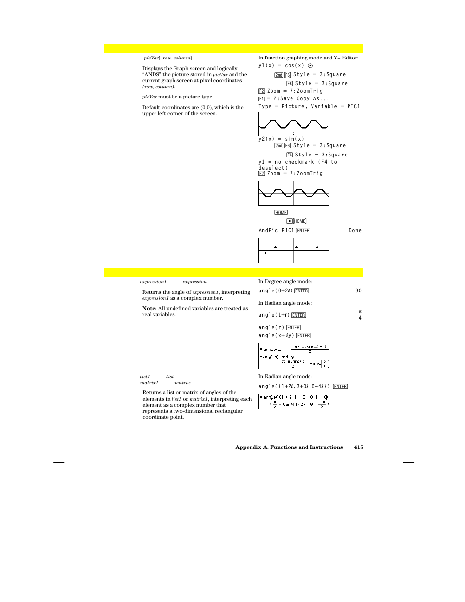 Andpic, Angle() | Texas Instruments PLUS TI-89 User Manual | Page 432 / 623