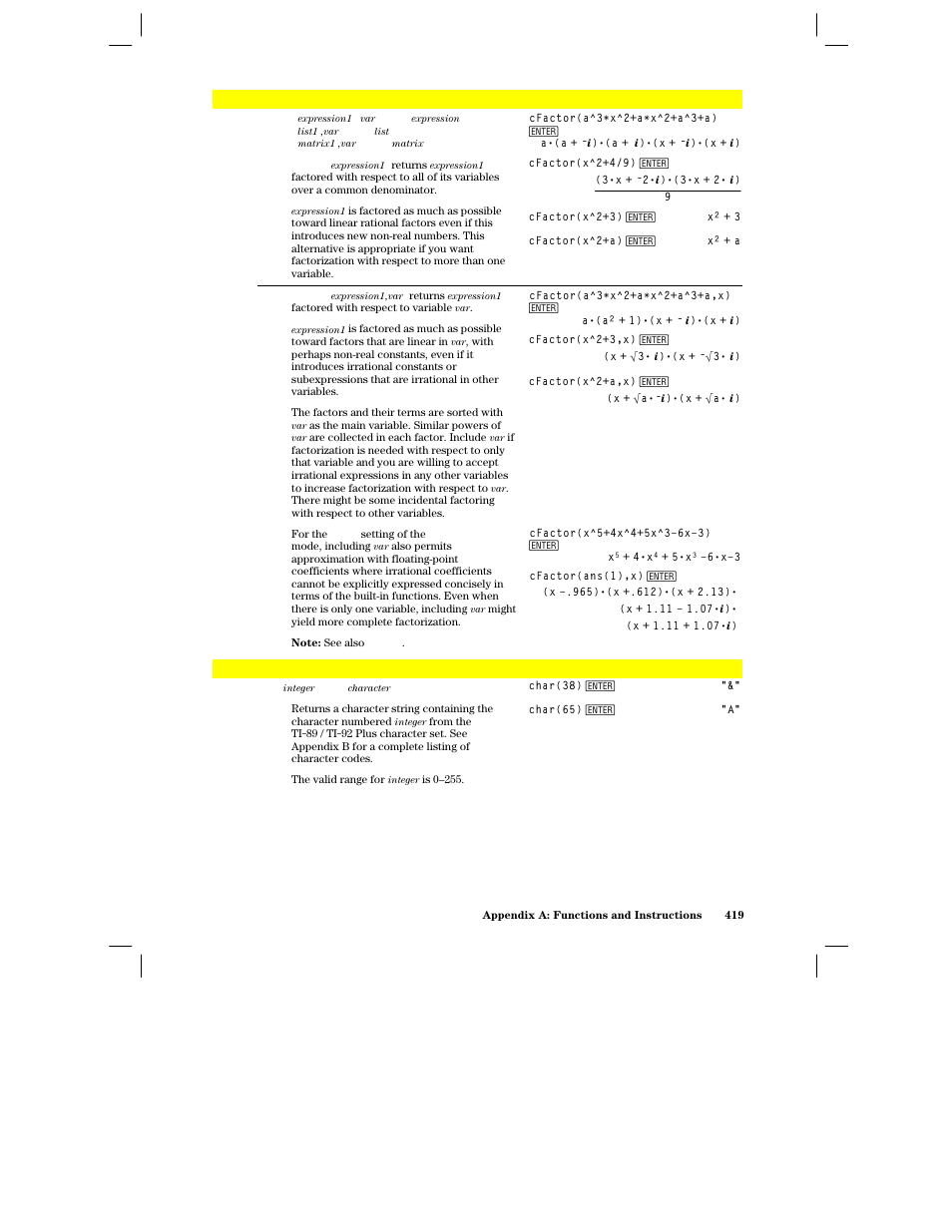 Cfactor(), Char() | Texas Instruments PLUS TI-89 User Manual | Page 436 / 623