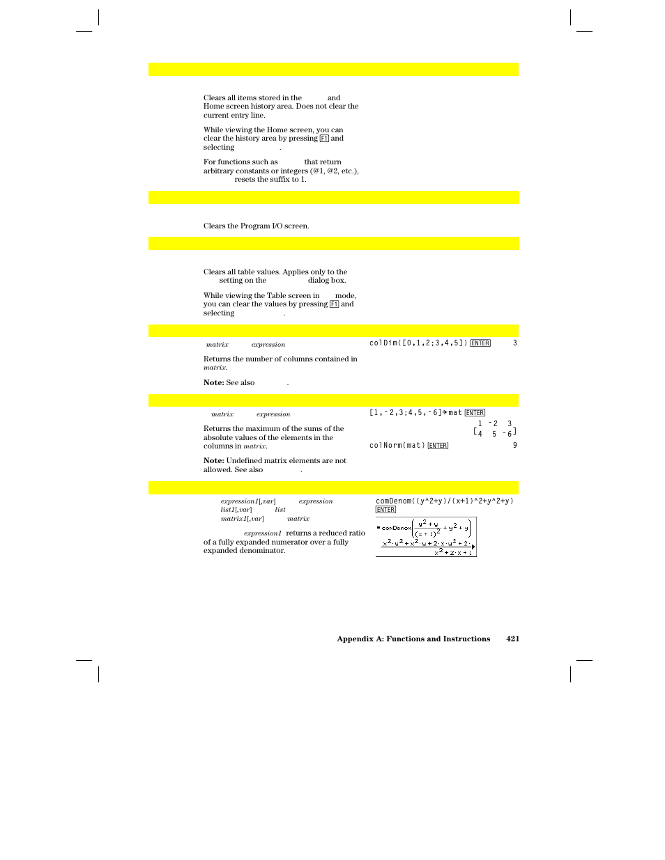 Clrhome, Clrio, Clrtable | Coldim(), Colnorm(), Comdenom() | Texas Instruments PLUS TI-89 User Manual | Page 438 / 623