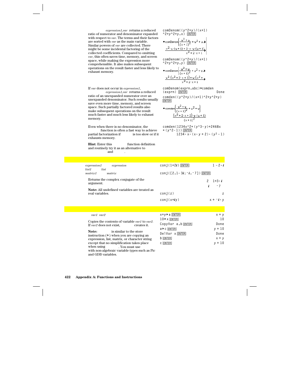 Conj(), Copyvar | Texas Instruments PLUS TI-89 User Manual | Page 439 / 623