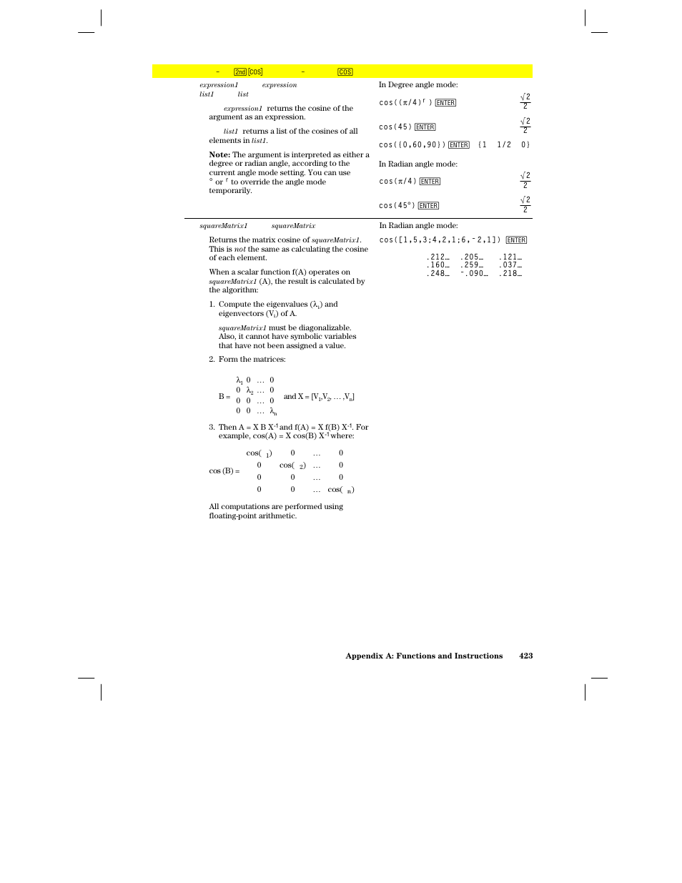 Cos() | Texas Instruments PLUS TI-89 User Manual | Page 440 / 623