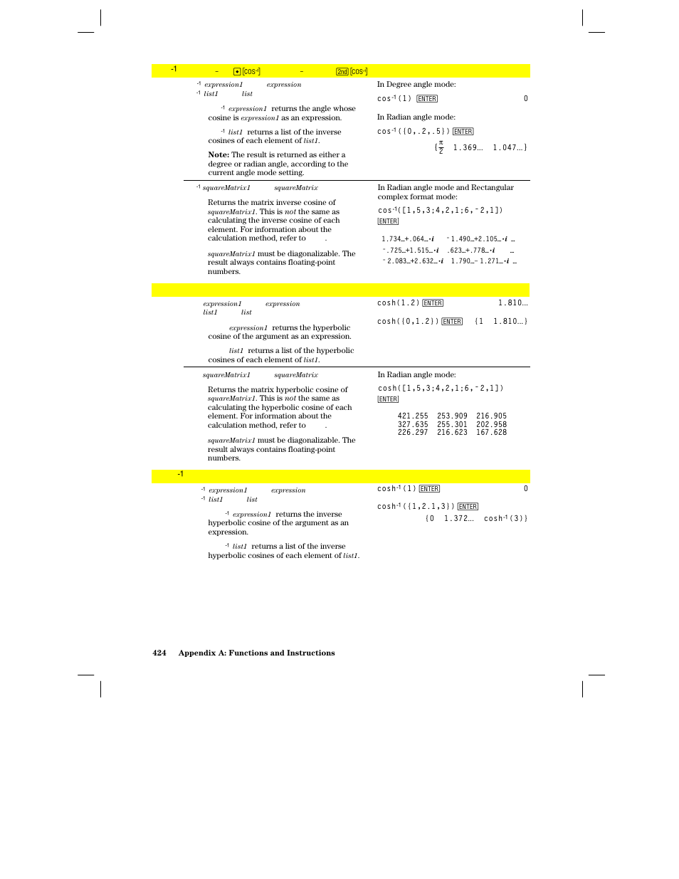 Cos ê (), Cosh(), Cosh ê () | Texas Instruments PLUS TI-89 User Manual | Page 441 / 623