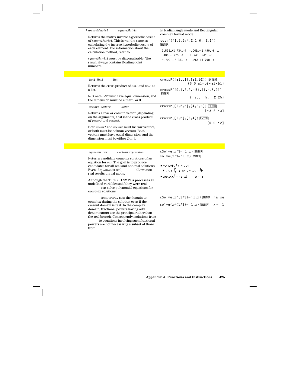 Crossp(), Csolve() | Texas Instruments PLUS TI-89 User Manual | Page 442 / 623