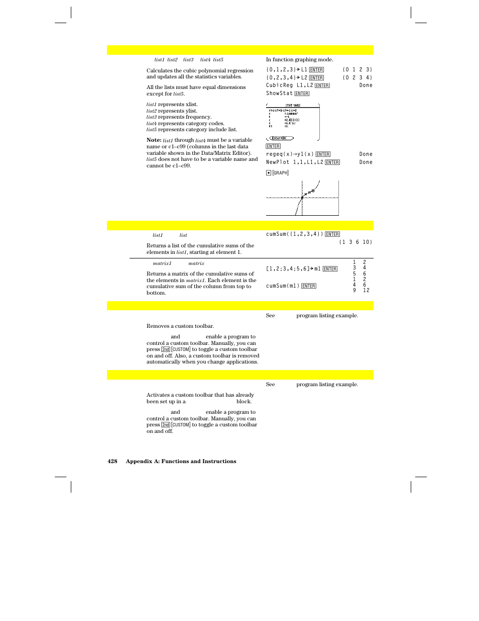 Cubicreg, Cumsum(), Custmoff | Custmon | Texas Instruments PLUS TI-89 User Manual | Page 445 / 623