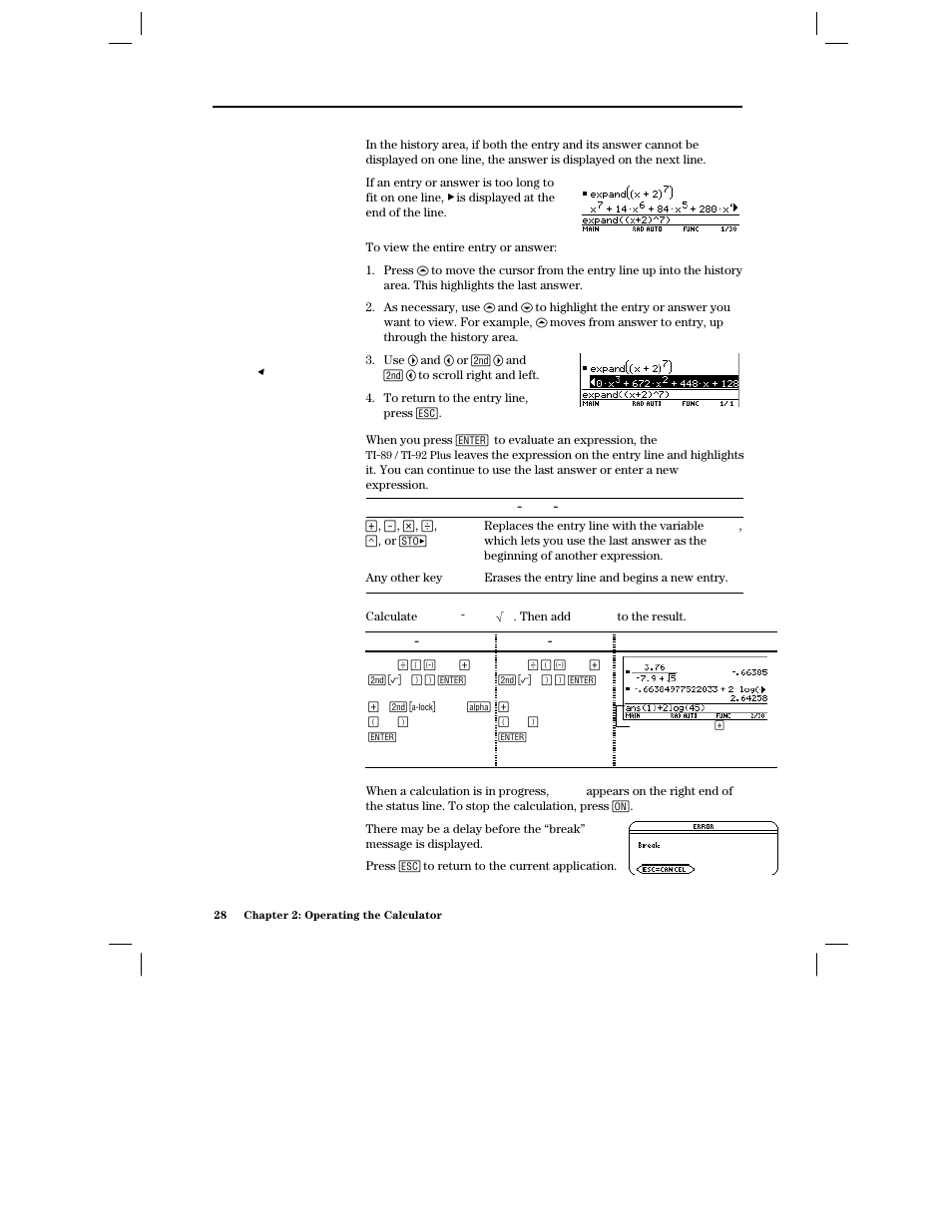 If an entry or answer is too long for one line, Continuing a calculation, Stopping a calculation | Texas Instruments PLUS TI-89 User Manual | Page 45 / 623