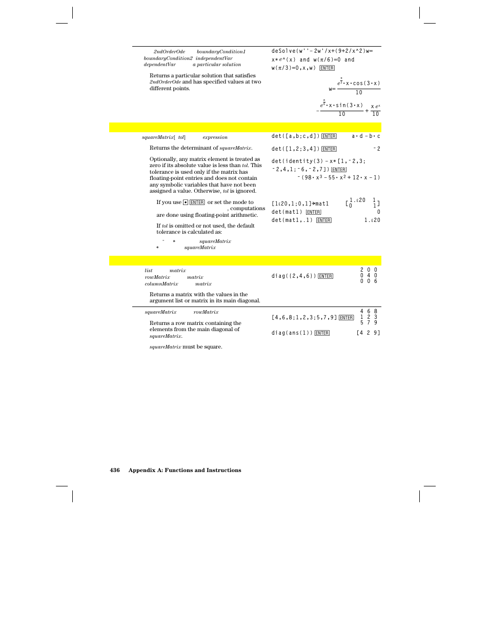 Det(), Diag() | Texas Instruments PLUS TI-89 User Manual | Page 453 / 623