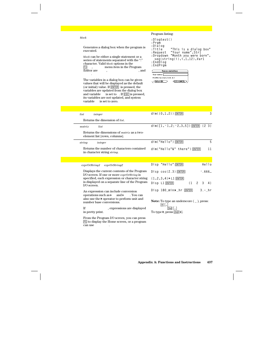 Dialog, Dim(), Disp | Texas Instruments PLUS TI-89 User Manual | Page 454 / 623