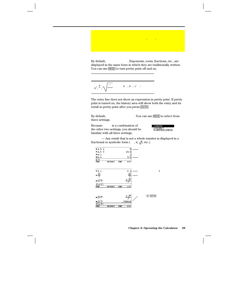 Formats of displayed results, Pretty print mode, Exact/approx mode | Texas Instruments PLUS TI-89 User Manual | Page 46 / 623