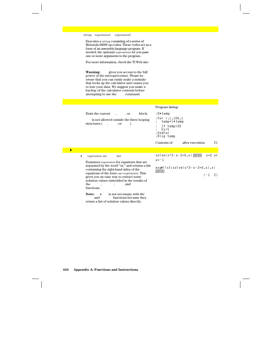 Exec, Exit, Exp 4 list() | Texas Instruments PLUS TI-89 User Manual | Page 461 / 623