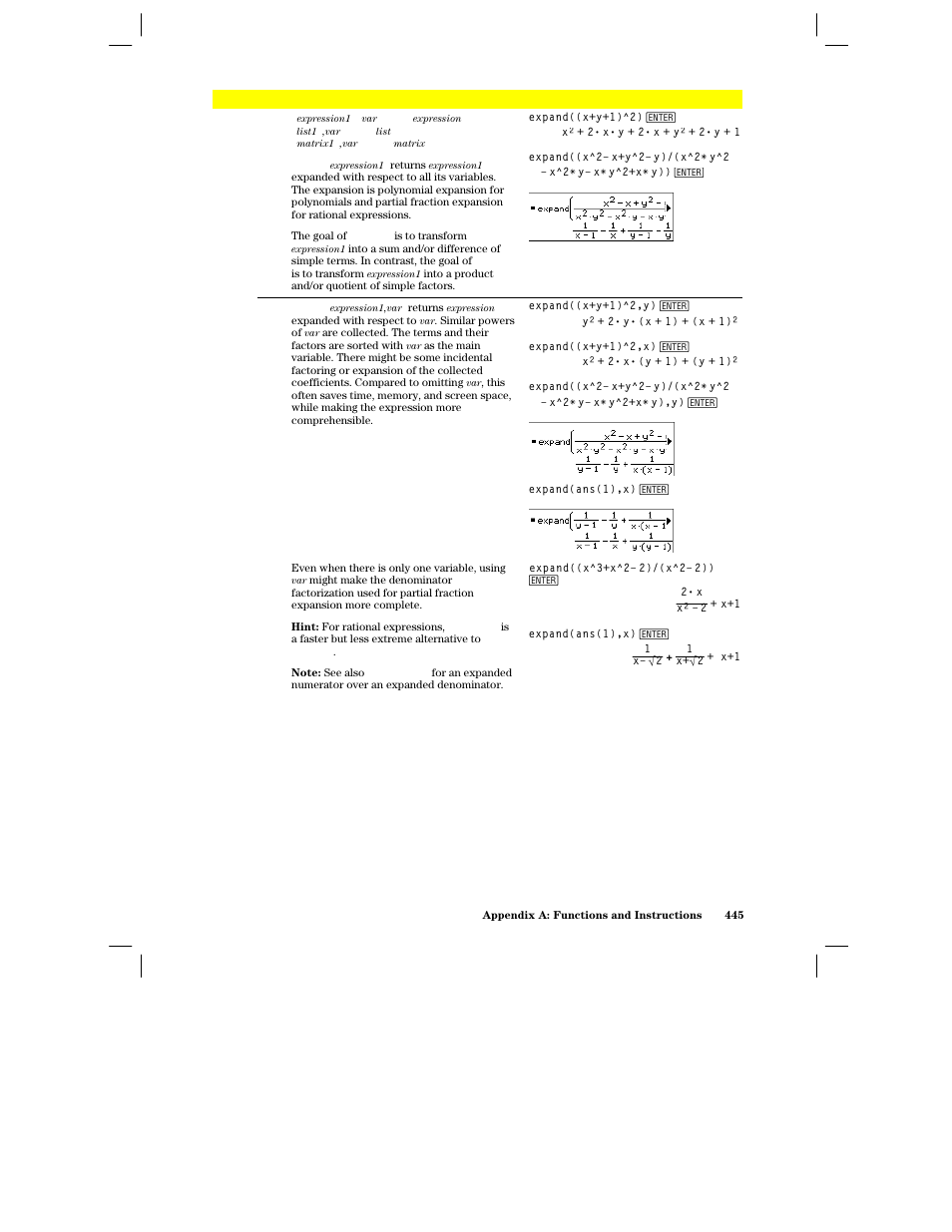 Expand() | Texas Instruments PLUS TI-89 User Manual | Page 462 / 623