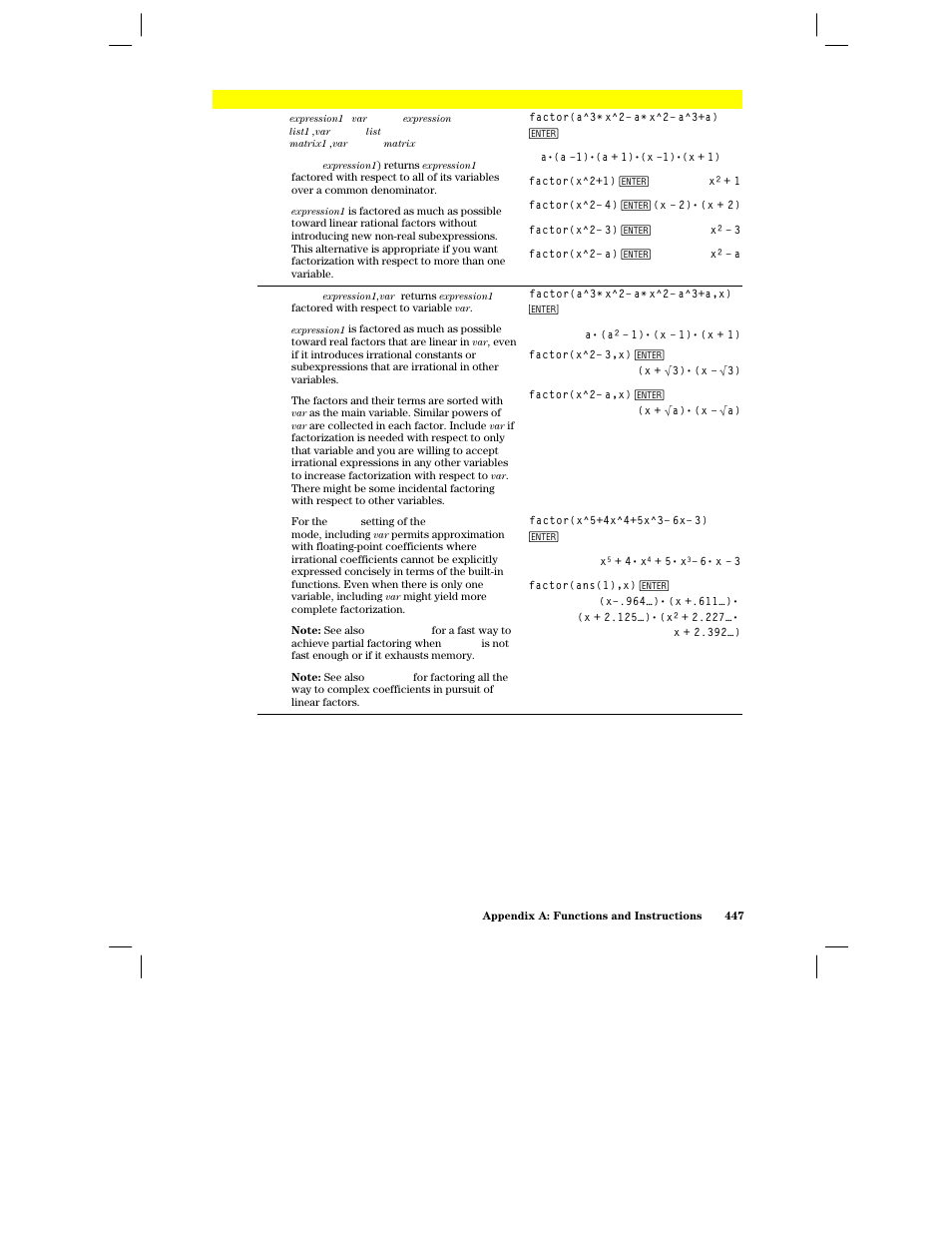 Factor() | Texas Instruments PLUS TI-89 User Manual | Page 464 / 623