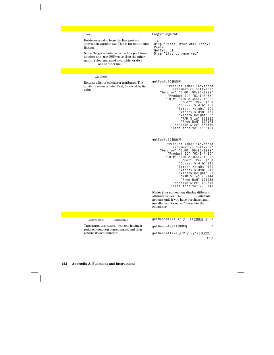 Getcalc, Getconfg() | Texas Instruments PLUS TI-89 User Manual | Page 469 / 623