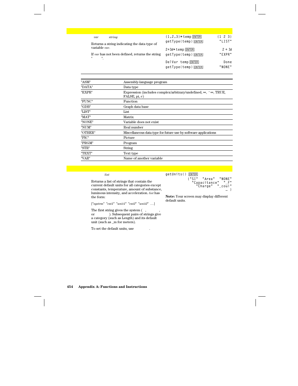 Gettype(), Getunits() | Texas Instruments PLUS TI-89 User Manual | Page 471 / 623
