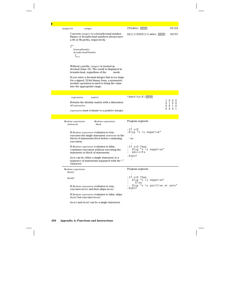 H, i, 4hex, Identity() | Texas Instruments PLUS TI-89 User Manual | Page 473 / 623
