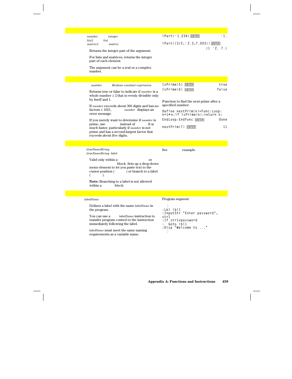 Ipart(), Isprime(), Item | Texas Instruments PLUS TI-89 User Manual | Page 476 / 623