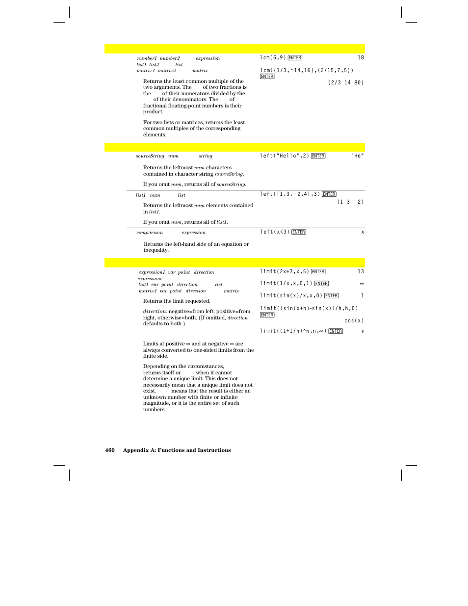 Lcm(), Left(), Limit() | Texas Instruments PLUS TI-89 User Manual | Page 477 / 623