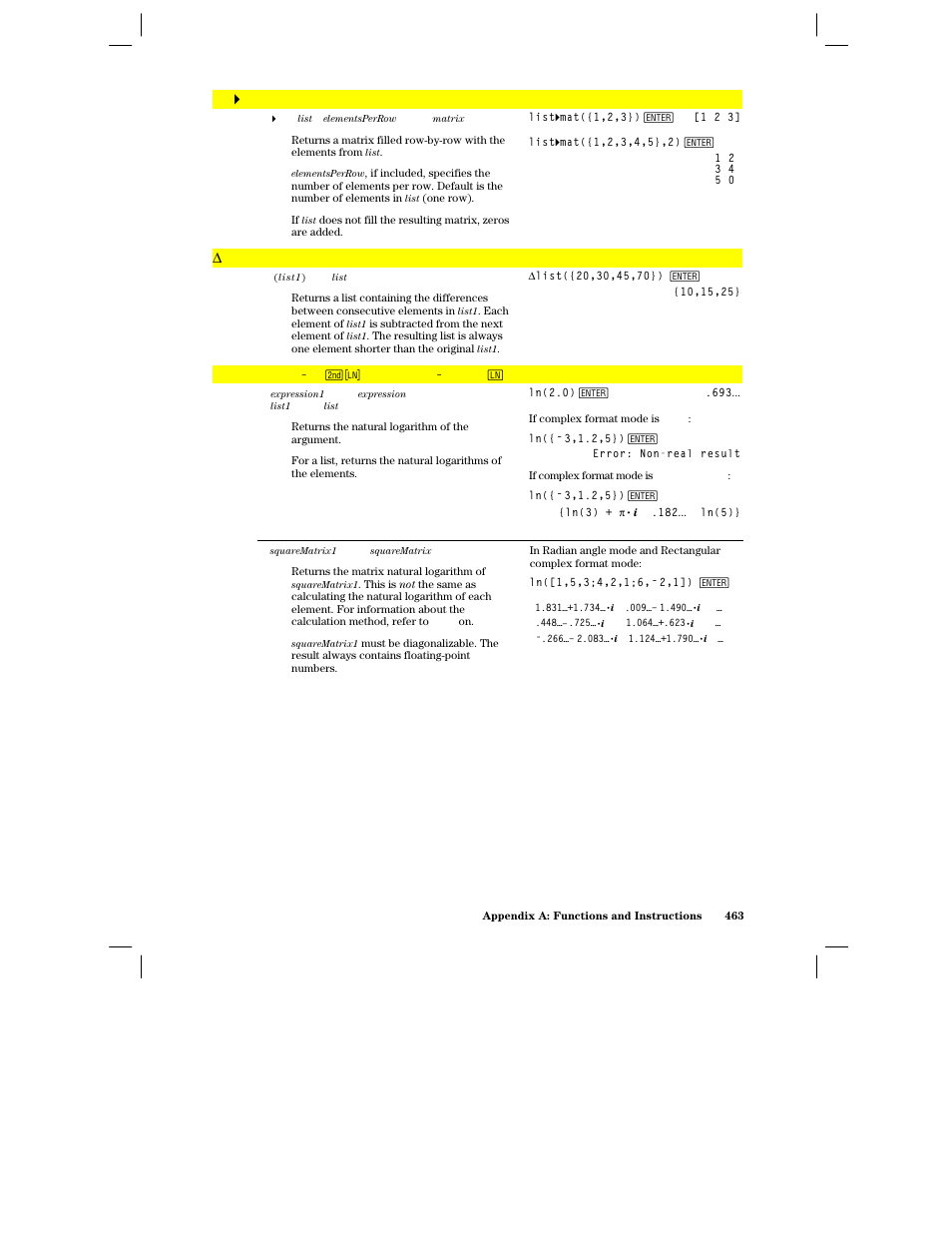 List 4 mat(), List(), Ln() | Texas Instruments PLUS TI-89 User Manual | Page 480 / 623