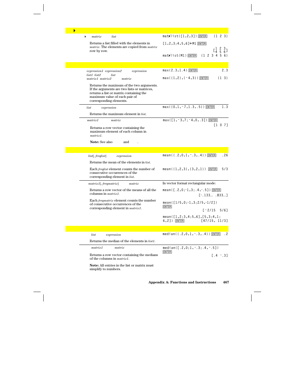 Mat 4 list(), Max(), Mean() | Median() | Texas Instruments PLUS TI-89 User Manual | Page 484 / 623