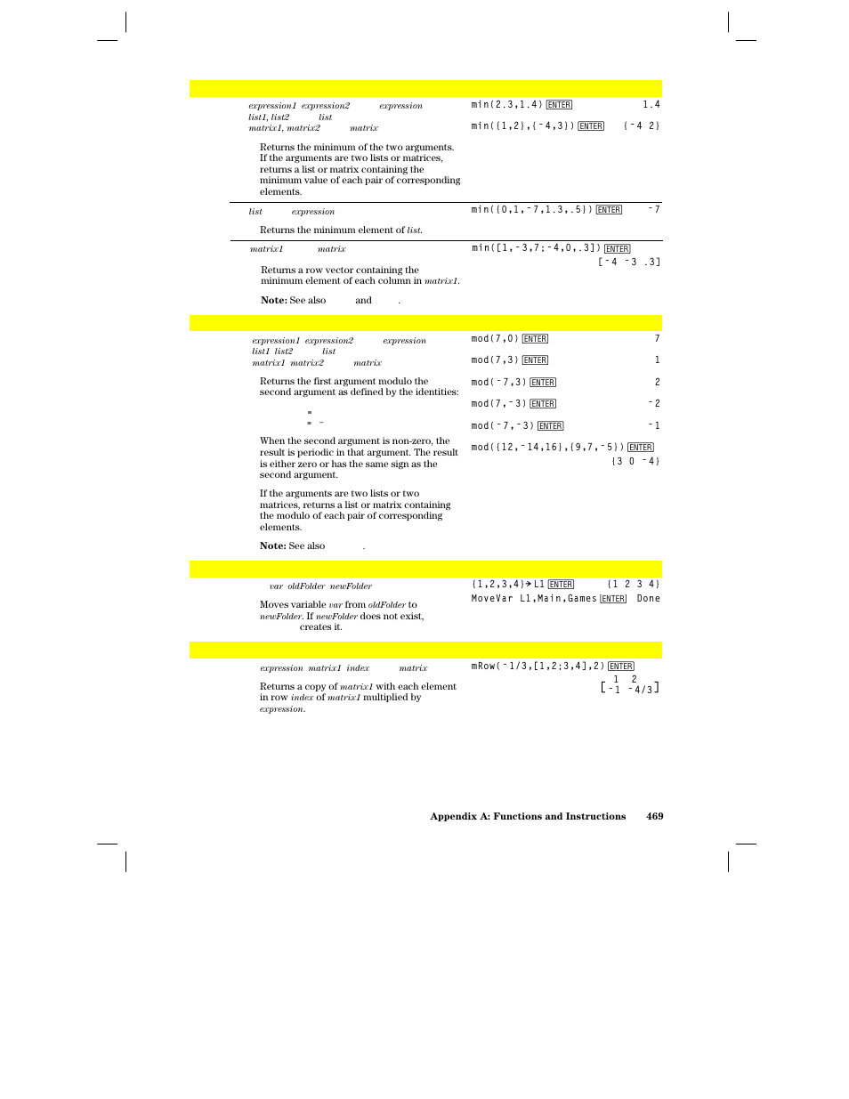 Min(), Mod(), Movevar | Mrow() | Texas Instruments PLUS TI-89 User Manual | Page 486 / 623