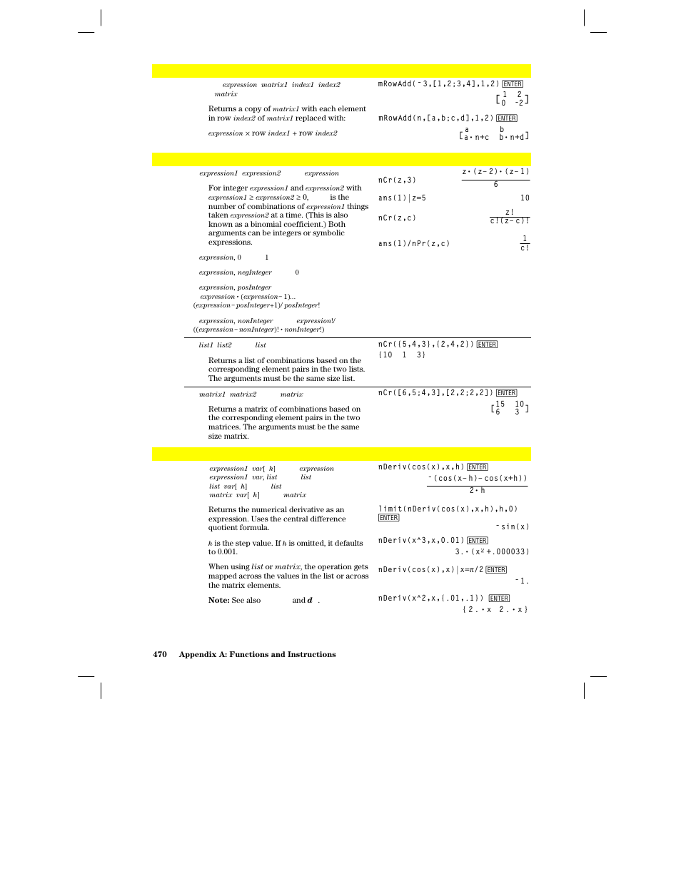 Mrowadd(), Ncr(), Nderiv() | Texas Instruments PLUS TI-89 User Manual | Page 487 / 623