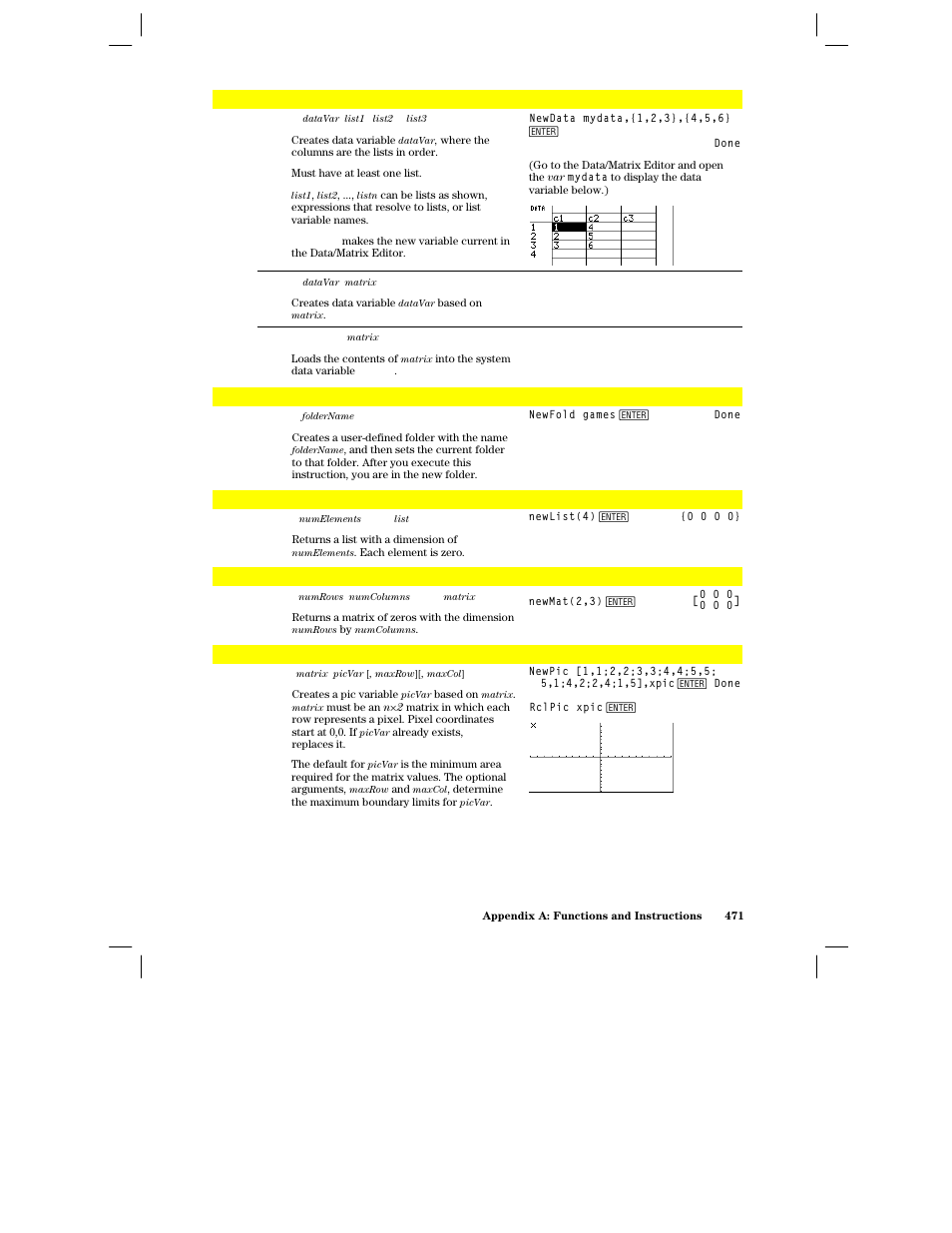 Newdata, Newfold, Newlist() | Newmat(), Newpic | Texas Instruments PLUS TI-89 User Manual | Page 488 / 623