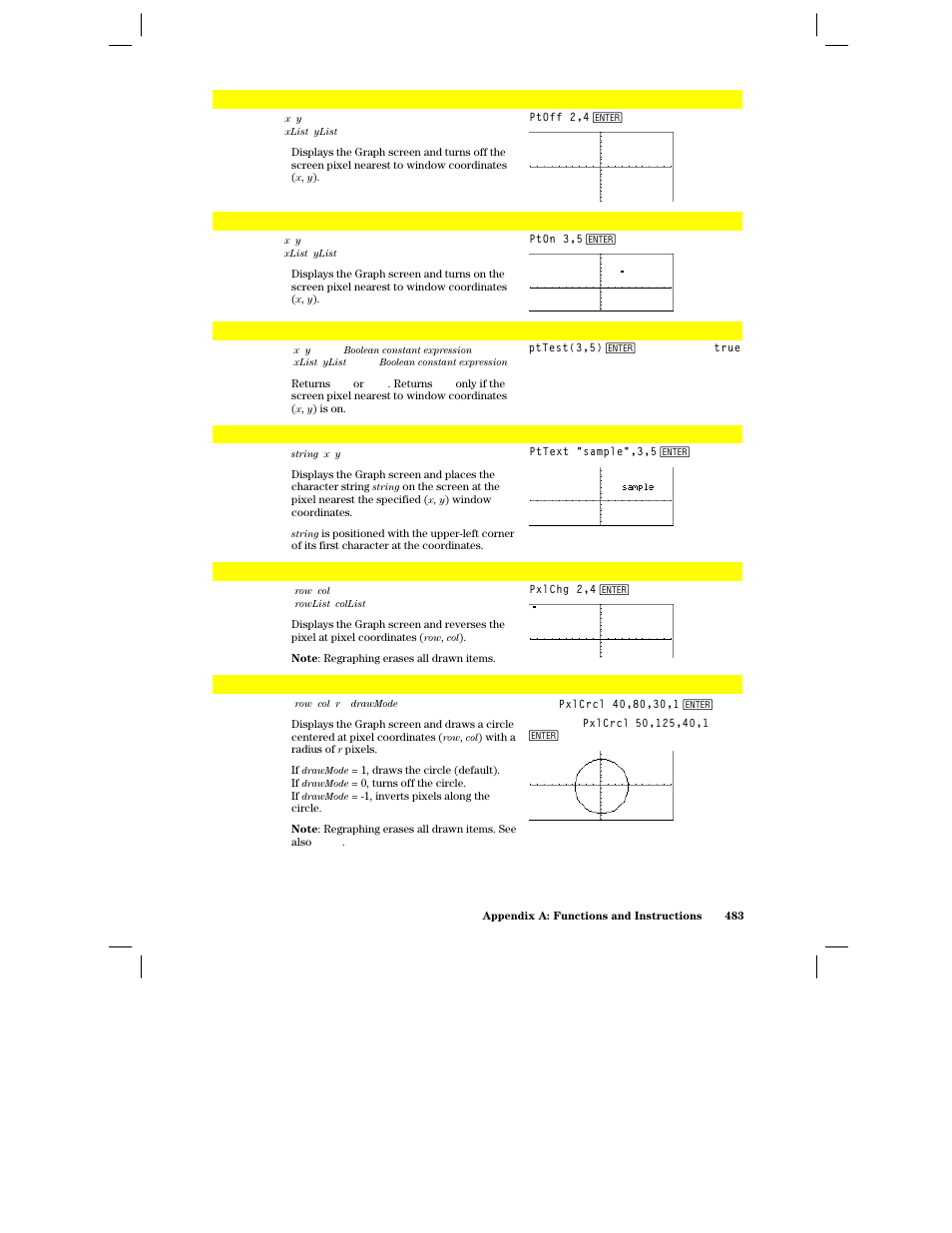 Ptoff, Pton, Pttest() | Pttext, Pxlchg, Pxlcrcl | Texas Instruments PLUS TI-89 User Manual | Page 500 / 623